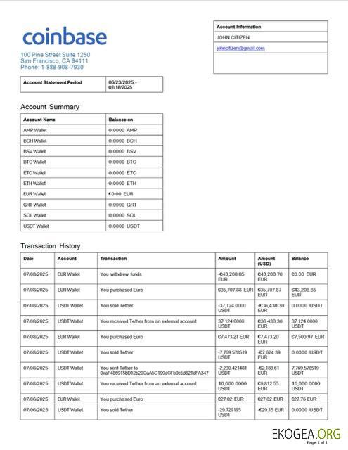 Modèle Word et PDF de relevé de compte Coinbase pour les États Unis